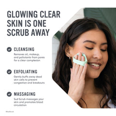 Sud Scrub close-up of soft silicone bristles shows gentle exfoliation for sensitive skin.