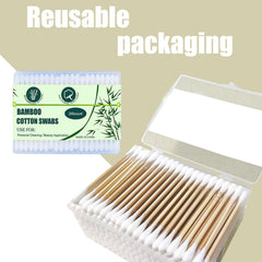 SUIZWMOU bamboo cotton swabs with wooden sticks in recyclable box for plastic-free living.