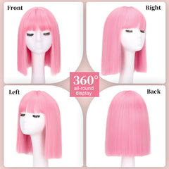 SUKRI pink bob wig with bangs, side view, versatile for parties