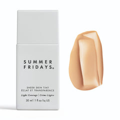 Summer Fridays Sheer Skin Tint bottle demonstrates lightweight, hydrating coverage for a natural look.