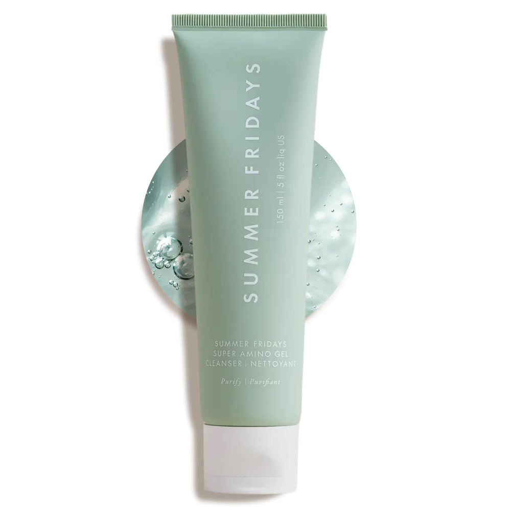 Summer Fridays Super Amino Gel Cleanser bottle showcases gentle cleansing for all skin types.