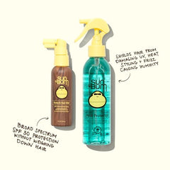 Sun Bum Heat Protector Spray controlando el frizz en cabello.
