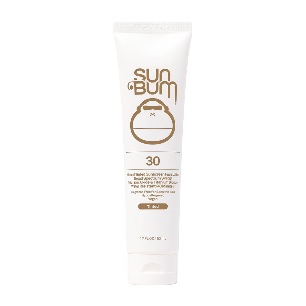 Sun Bum Mineral SPF 30 tinted sunscreen bottle shows matte finish and mineral protection
