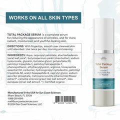 Sun Coast Sciences Total Package Serum ingredients reveal hyaluronic acid and vitamin C benefits