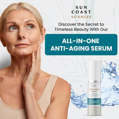 Sun Coast Sciences Total Package Serum packaging closeup highlights vegan, cruelty-free formula
