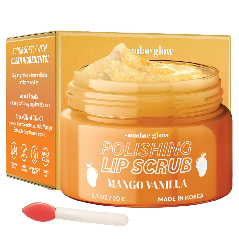 Sundae Glow Lip Scrub Mango Vanilla jar showing creamy texture for hydration.