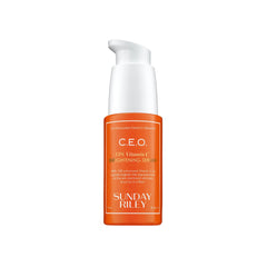 Sunday Riley C.E.O. serum bottle closeup for brightening and antioxidant care