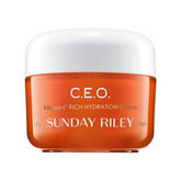 Sunday Riley C.E.O. Vitamin C Rich Hydration Cream jar closeup showing rich texture for hydration.