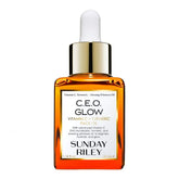 Sunday Riley C.E.O. Glow oil bottle showcases brightening skincare for a radiant look.