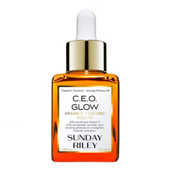 Sunday Riley C.E.O. Glow oil bottle showcases brightening skincare for a radiant look.