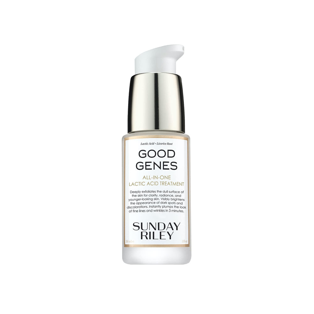 Sunday Riley Good Genes serum bottle close-up showing radiant, even-toned skin potential