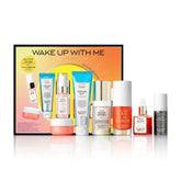 Sunday Riley Wake Up With Me bottle close-up for brightening morning skincare.
