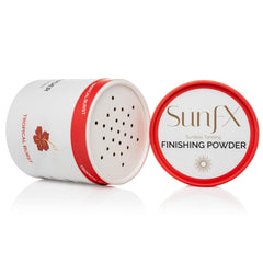 SunFX Post Spray Tan Finishing Powder tropical-burst bottle for talc-free setting glow.