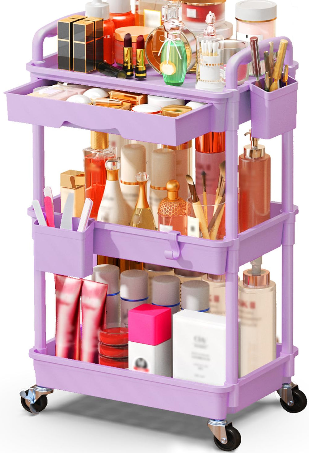 SUNALLY makeup cart organizer drawers hold lipsticks and brushes within easy reach.