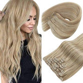 Sunny Hair clip-in extensions weft close-up with secure clips and natural shine.