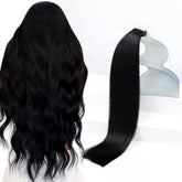 Sunny Hair tape-in extensions 18-inch jet black close-up for seamless natural look.