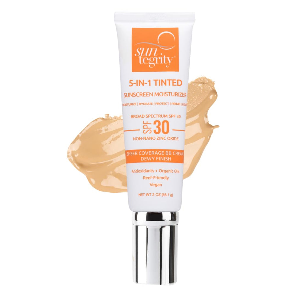 Suntegrity tinted 5 in 1 face sunscreen bottle in Golden Light provides mineral SPF 30 protection