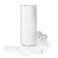 Super Z Outlet cotton pad holder in clear acrylic, front view for organized vanity.