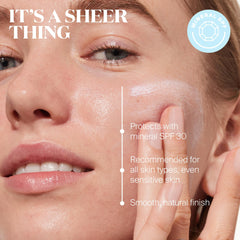 Supergoop! Mineral Sheerscreen label closeup highlights broad spectrum SPF 30 protection for daily use.