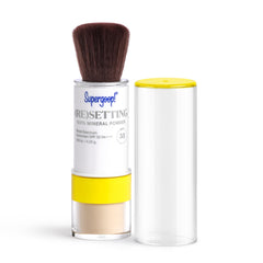 Supergoop! Resetting Powder bottle close-up showing matte finish and SPF 35 protection.