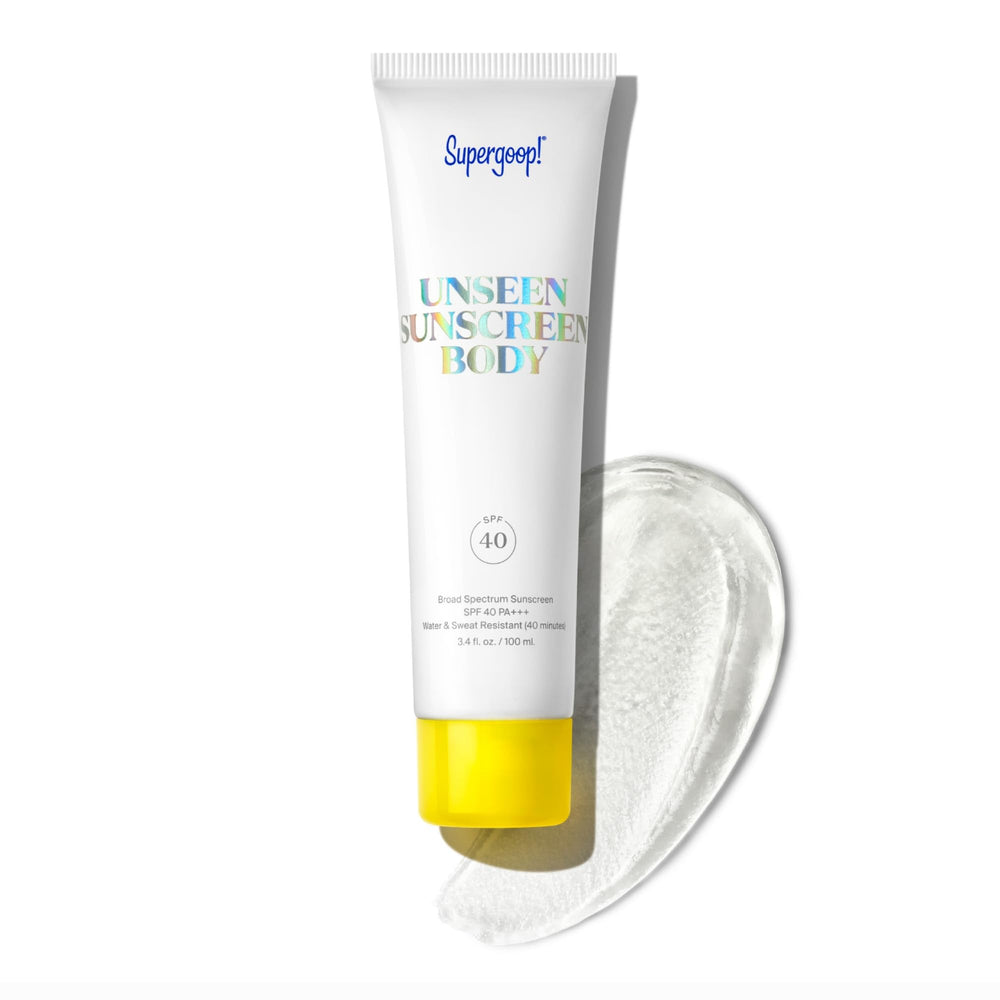 Supergoop! Unseen Sunscreen Body bottle demonstrates invisible, weightless protection for all skin types.