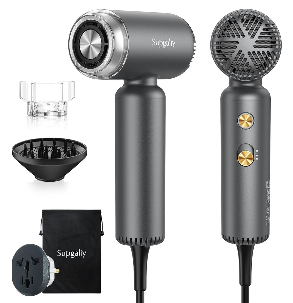 SUPGALIY dual voltage hair dryer front view, compact travel design for global use.