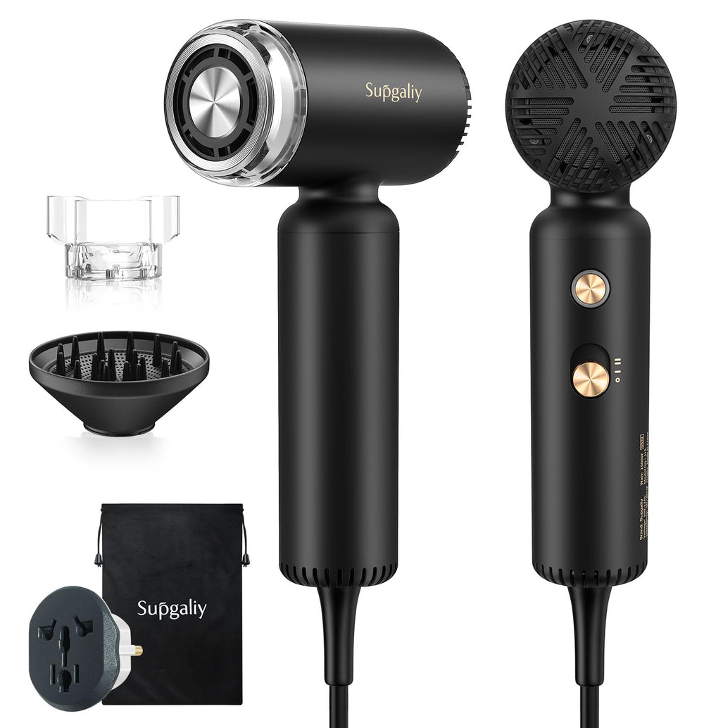 SUPGALIY dual voltage travel hair dryer shown in compact form for on-the-go styling.