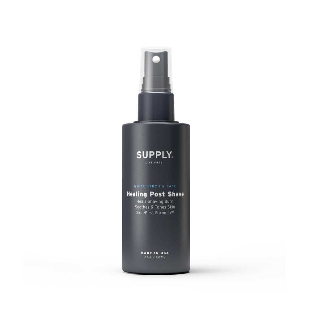 Supply Healing Post Shave bottle shown, compact 2 oz size for on-the-go soothing care.