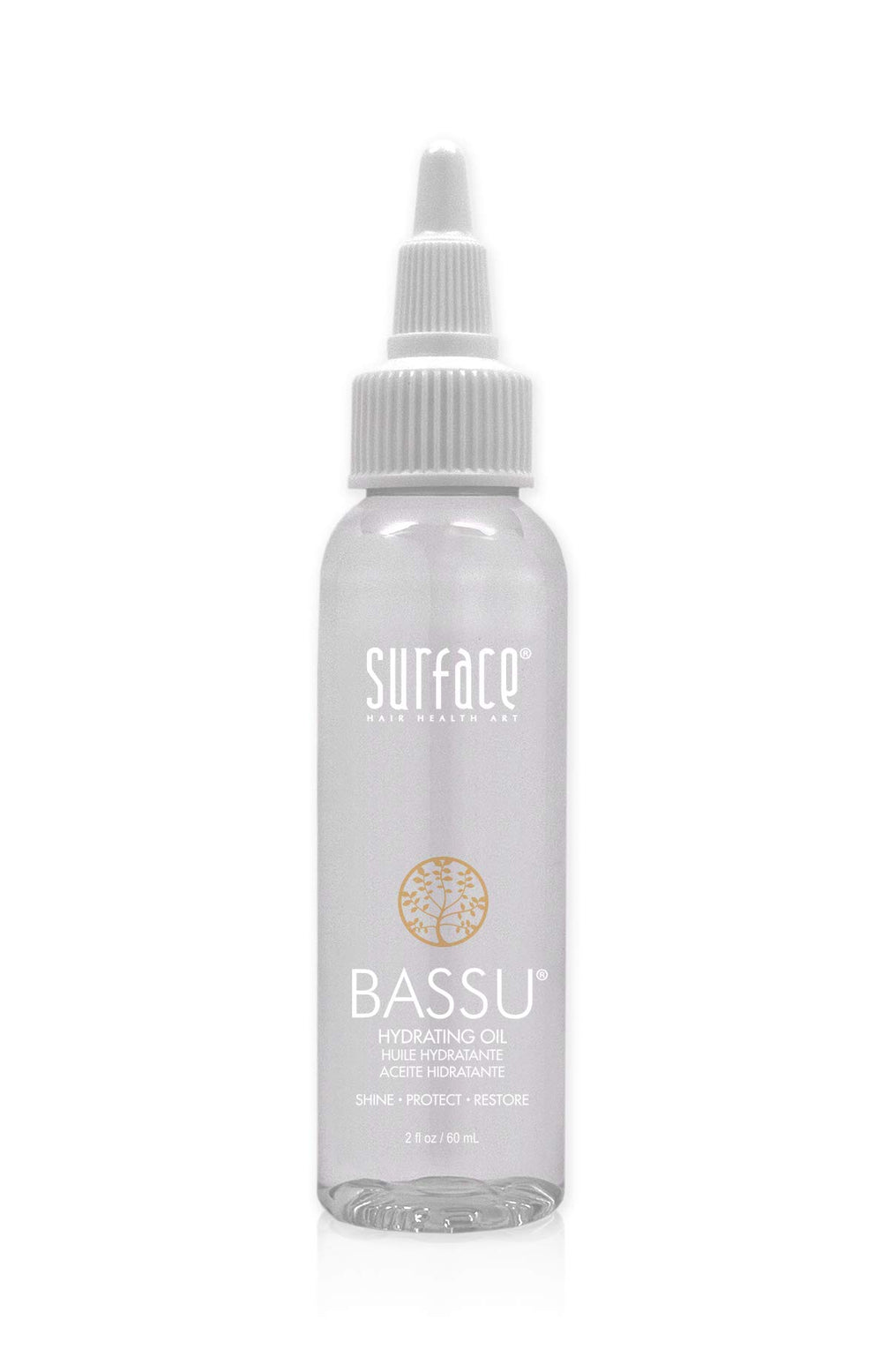 Surface Bassu Hydrating Oil bottle close-up showing weightless moisture for shiny hair