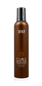 SURFACE Curls Firm Mousse bottle demonstrates premium packaging for defined curls.