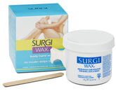 Surgiwax microwave hard wax bottle closeup for efficient at-home hair removal.