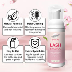Closeup of SVECKE lash shampoo bottle highlights gentle, paraben-free formula.