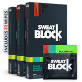 SweatBlock antiperspirant wipes bottle shown, offering long-lasting protection and easy daily use