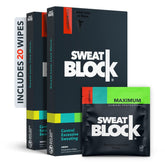 SweatBlock antiperspirant wipes package front for all-day dryness and confidence.