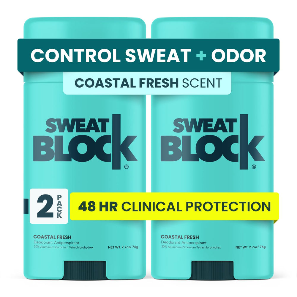 SweatBlock Clinical Strength deodorant bottle for all-day odor and sweat control.