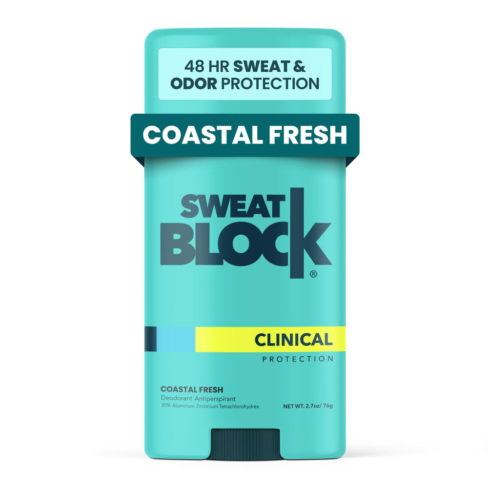 SweatBlock desodorante antitranspirante con aroma fresco costero en envase compacto para uso diario