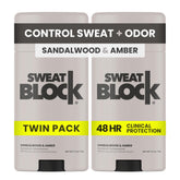 SweatBlock desodorante en botella con fragancia sándalo-ámbar para uso diario.
