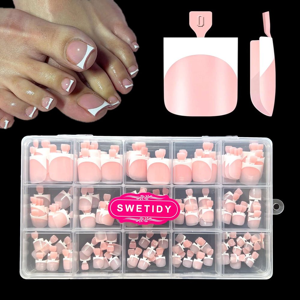SWETIDY toe nail tips press on with French baby pink finish for quick wear.