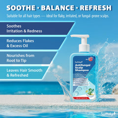 Swiftalyn Antifungal Shampoo bottle back highlights soothing ingredients and scalp-friendly benefits.