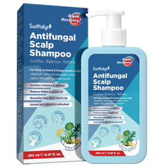 Swiftalyn Antifungal Shampoo bottle front showing calming formula for flaky scalps.