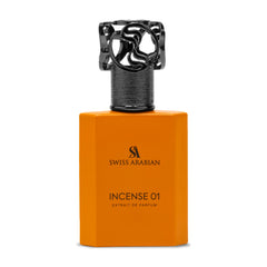 Swiss Arabian Incense 01 bottle front view, showcasing a long-lasting woody spicy fragrance