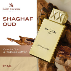 Swiss Arabian Shaghaf Oud heart blends rose and praline for refined moments.