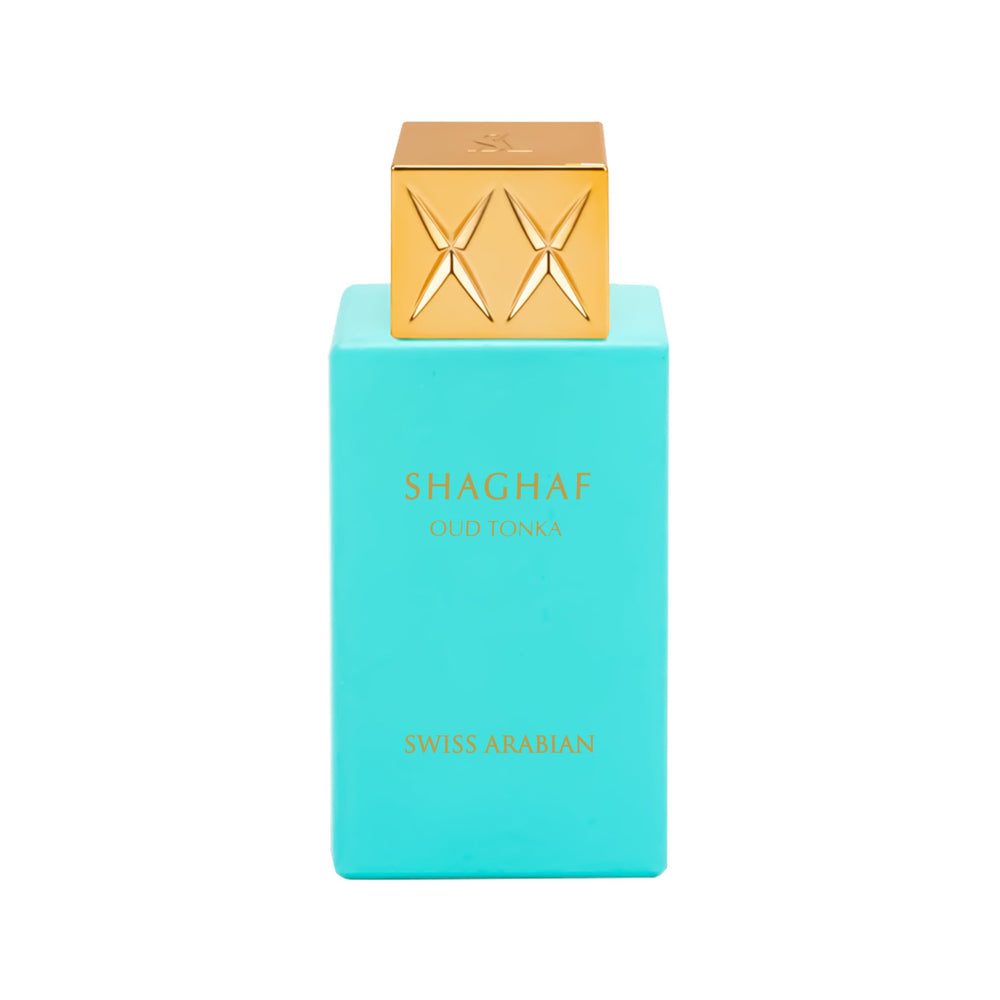 Swiss Arabian Shaghaf Oud Tonka bottle-front showcases a luxurious unisex fragrance for everyday elegance.