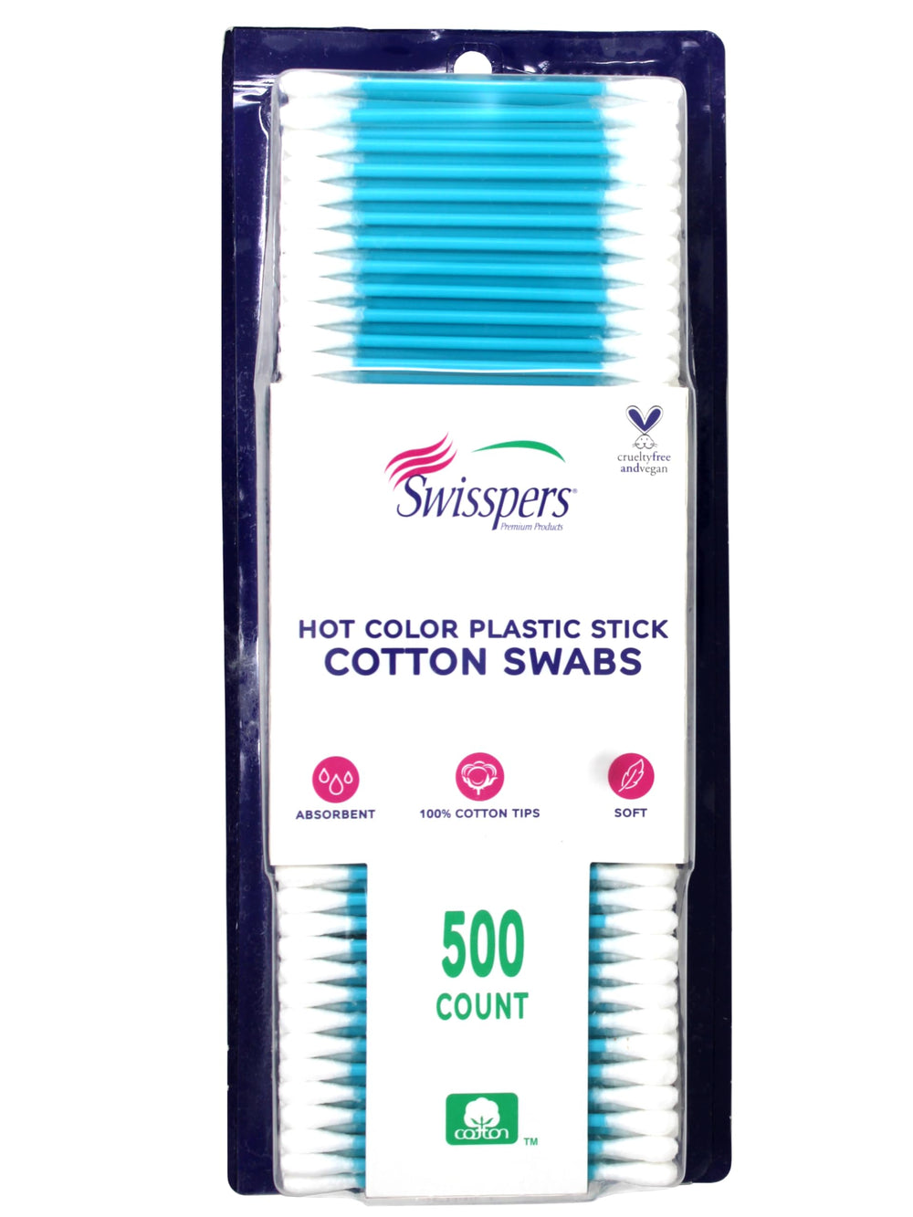 Swisspers Hot Colored Swab 500ct pack for makeup application and quick grooming.