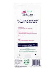 Swisspers Hot Colored Swab near eyes and lips for gentle cleaning.