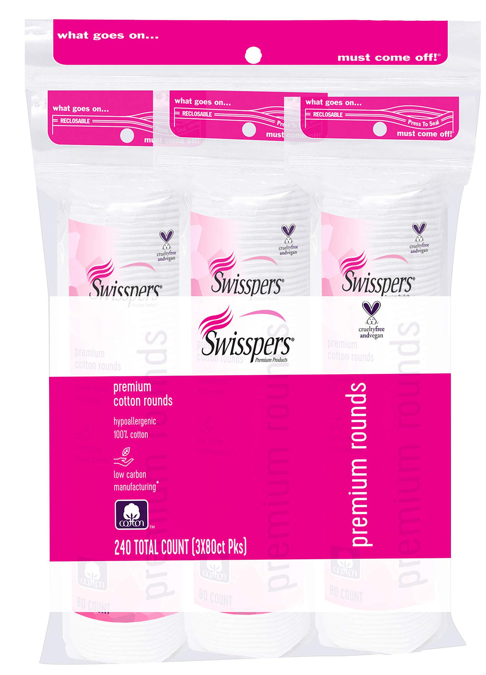 Swisspers Premium Cotton Rounds embossed layer for gentle cleansing and eye makeup removal.