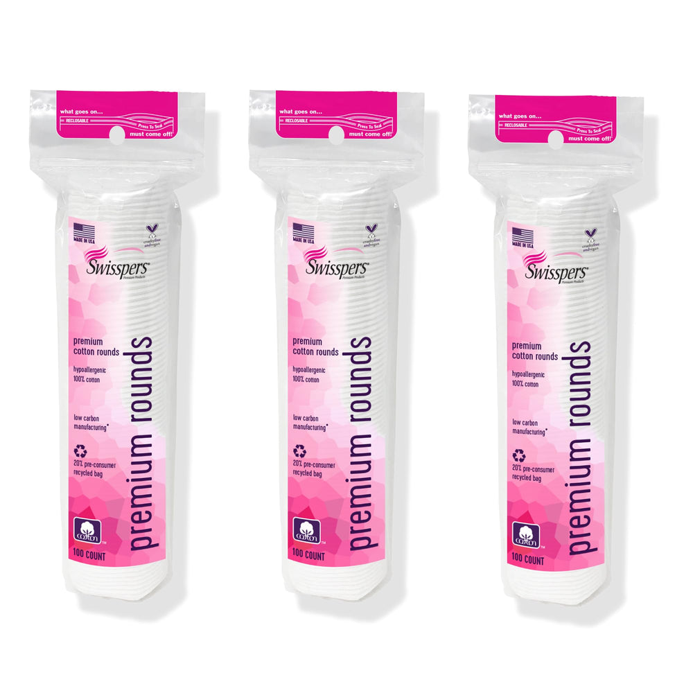 Swisspers Premium Cotton Rounds packaging close-up highlights eco-friendly packaging and clean convenience