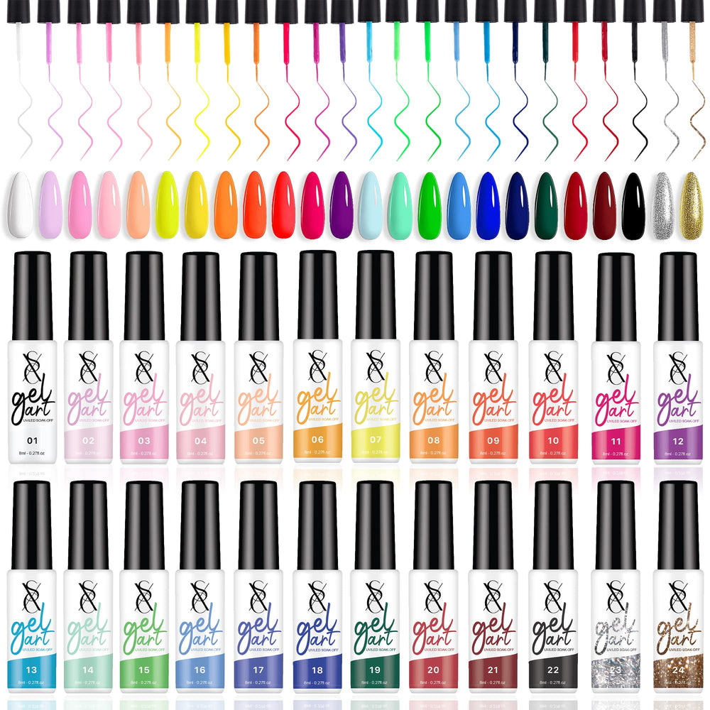 SXC 24-color gel liner set with built-in thin brush for precise nail art.
