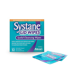 Toallitas Systane para párpados estériles en empaque, limpieza suave.