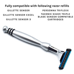 Taconic Shave sensor-compatible blade cartridge compatibility for easy replacement.
